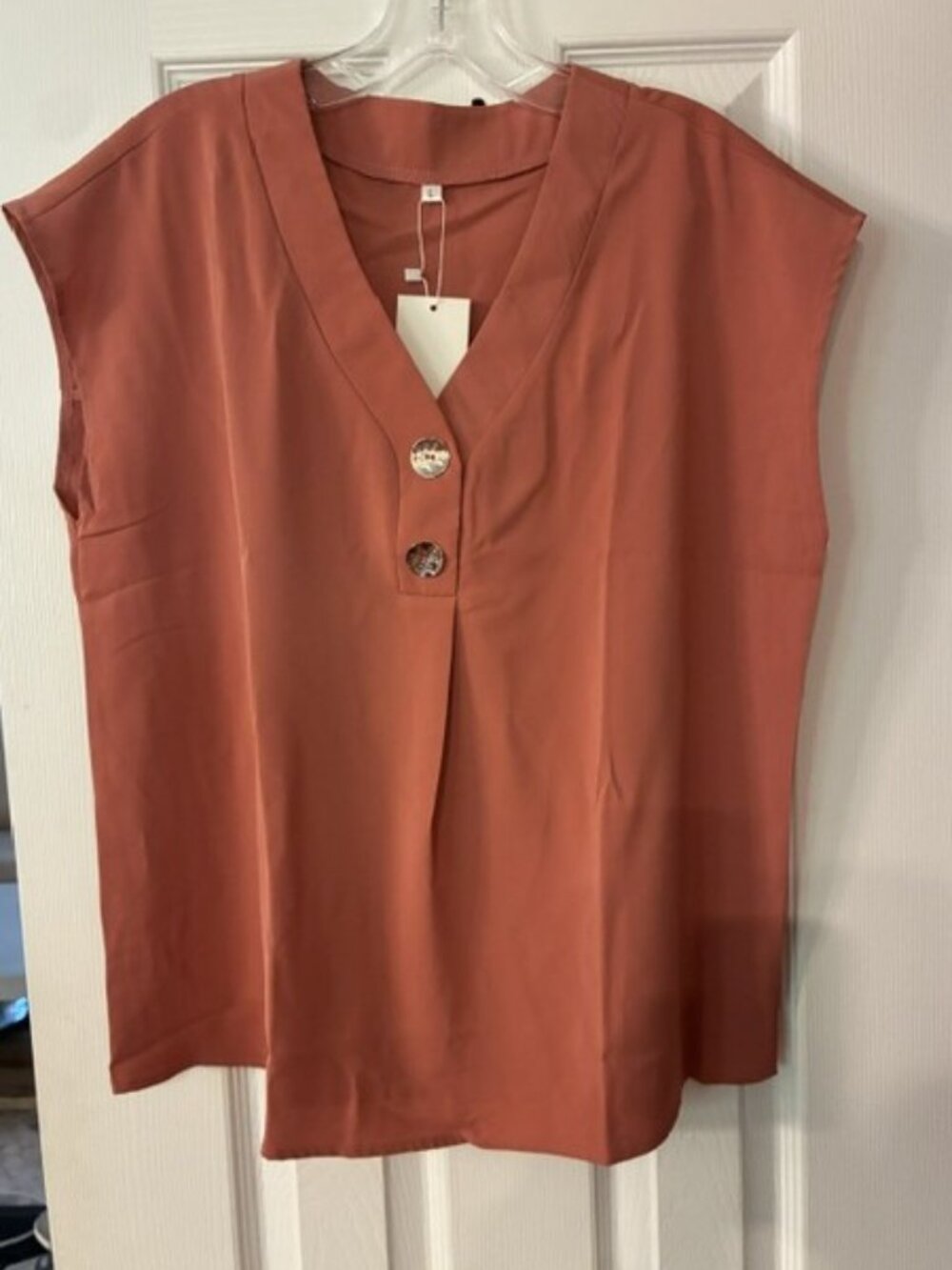 Women's NWT $39 Rust Orange Sleeveless V-Neck Loose Lightweight Top Blouse Sz L